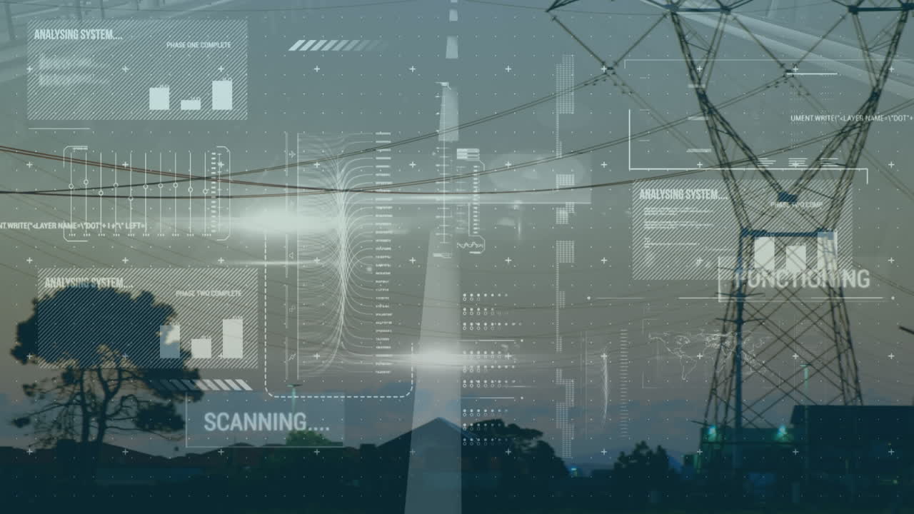 Animation of financial data processing over electric pylons
