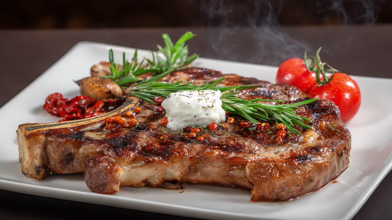 A Juicy, Grilled Steak Plated with Fresh Herbs, Cherry Tomatoes, and Spices, Showcasing Mouthwatering Grilling Techniques and Culinary Presentation