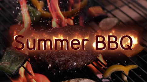 barbacoa de verano en llamas con comida a la parrilla en el fondo