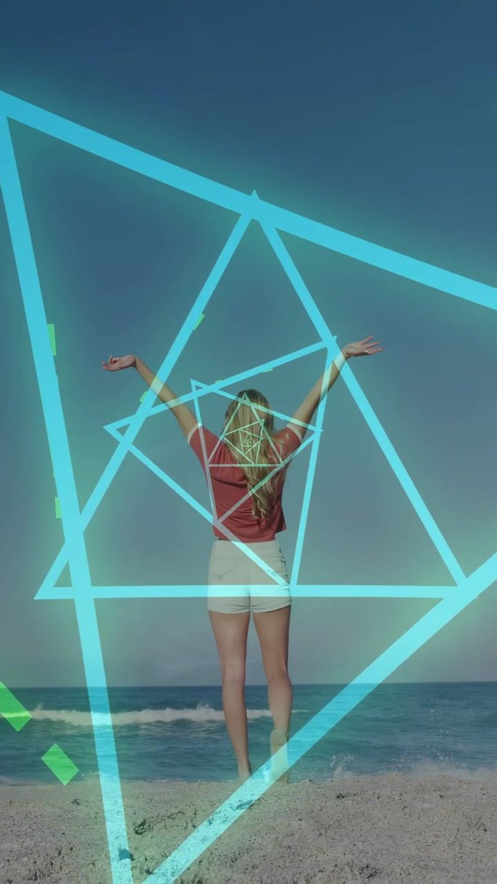 Vídeo vertical: Mulher posando na praia, linhas ciano aparecendo e espiralando com blocos verdes para anúncios