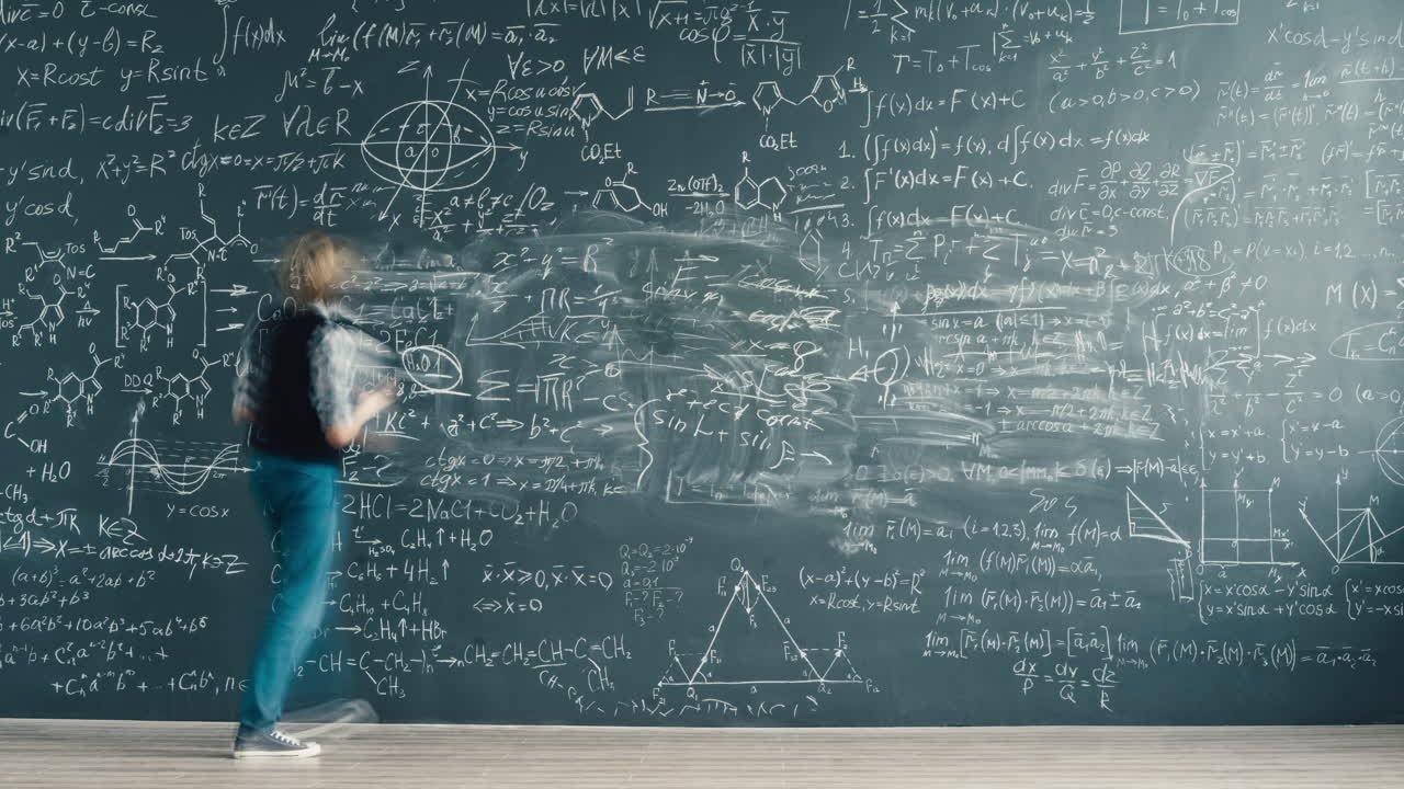 Student working on a chalkboard covered with mathematical equations