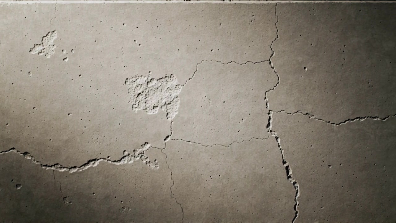 Showing plaster wall shifting with subtle light shifts inside room, revealing cracks, deep fissure