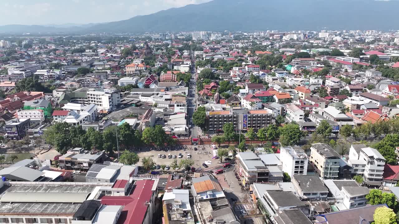 Drone fly to Tha Phae Gate, Chiang Mai, Thailand. Beautiful cityscape, travel destination