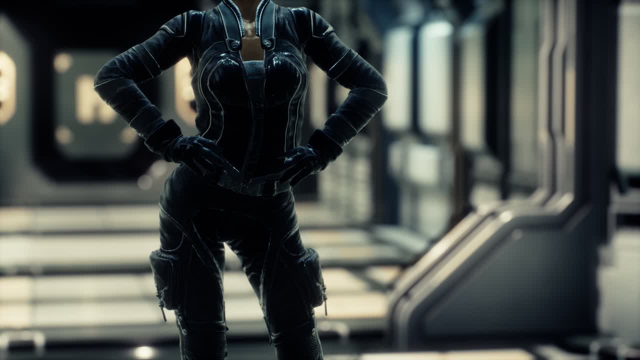 mujer steampunk en una nave espacial futurista