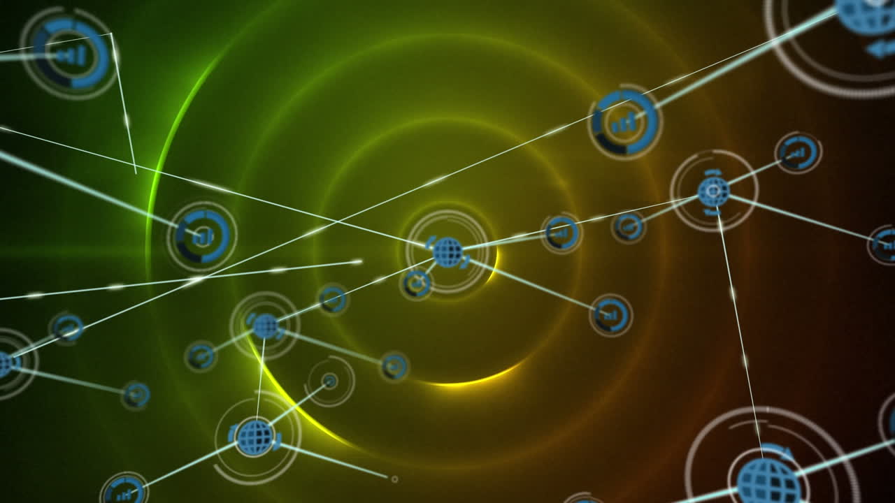 animaciones de la red de conexiones con iconos sobre fondo verde.