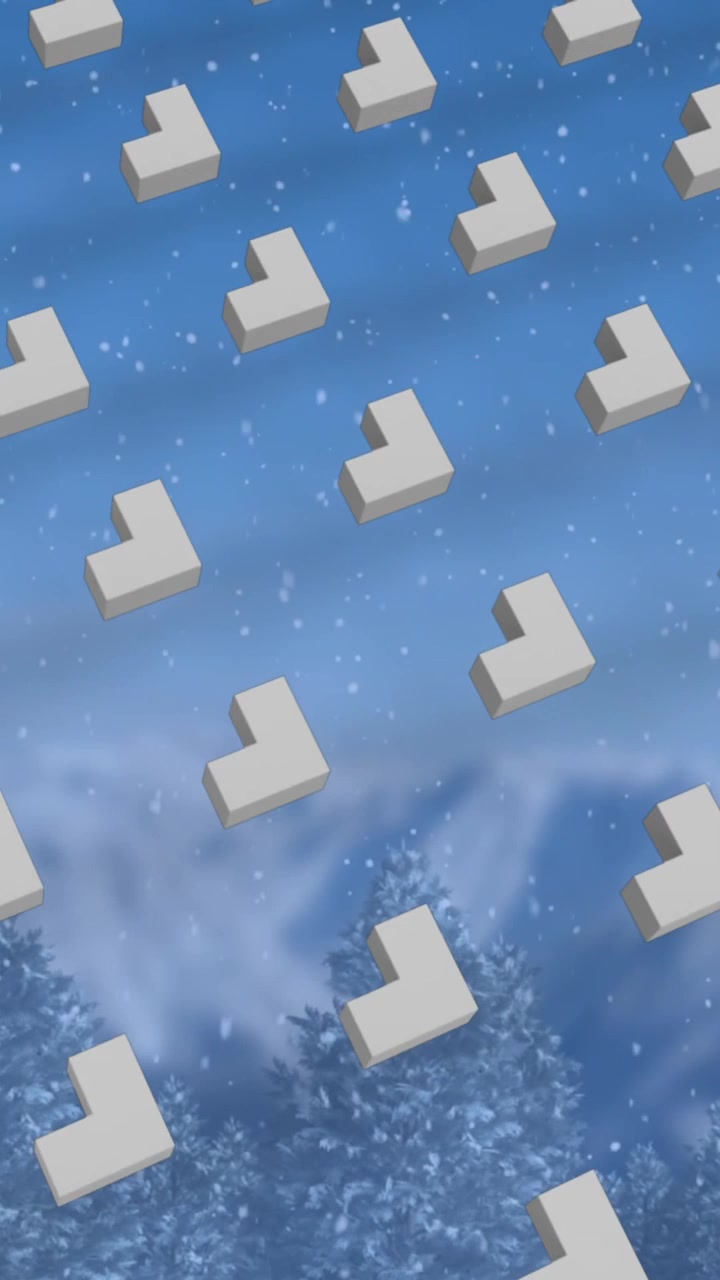 Animation of rows of abstract shapes pattern and christmas snow falling over winter scenery