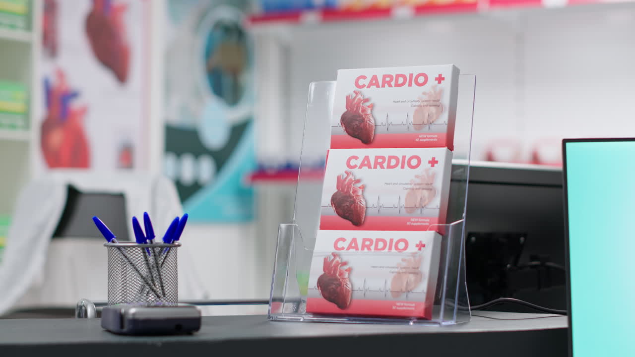 약국 레지스터 카운터에 배치 된 처방전 의약품