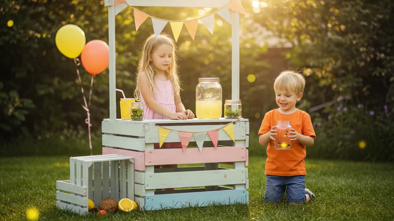 Moments estivaux enchanteurs : des enfants profitant d'une expérience rafraîchissante de stand de limonade, entourés de décorations colorées et de la douce lueur du soleil dans un magnifique jardin.