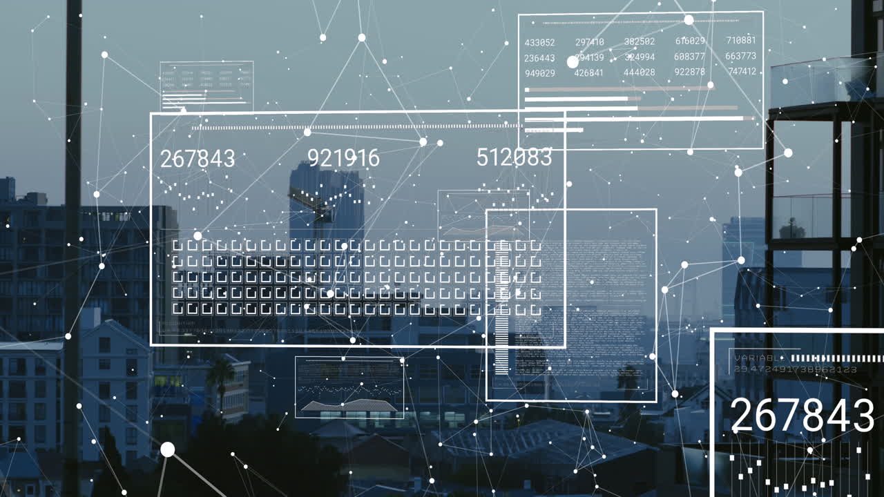 animazione dell'interfaccia con l'elaborazione dei dati e la rete di connessioni rispetto alla vista del paesaggio urbano