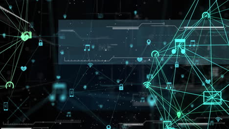 animation of multiple icons connected with lines forming globes and programming language moving