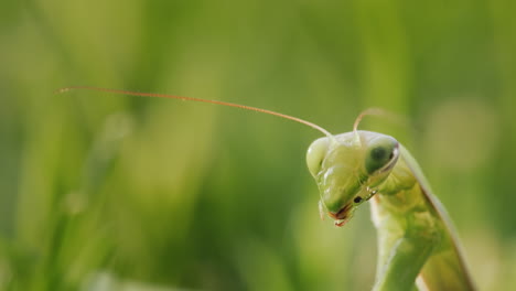 The-praying-mantis-hides-in-the-green-grass-and-blends-into-the-background.