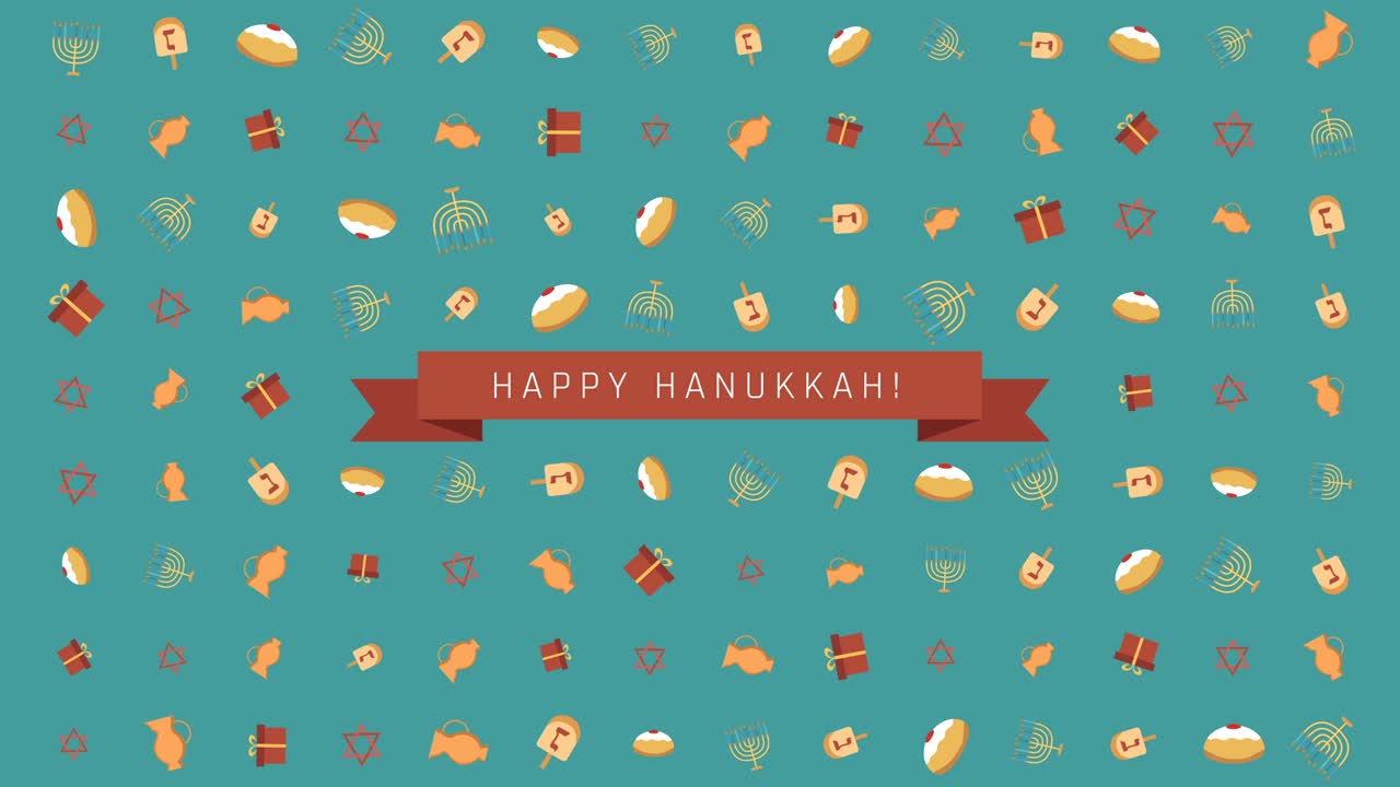 하누카 휴가 플래트 디자인 애니메이션 배경과 전통적인 기호와 영어 텍스트