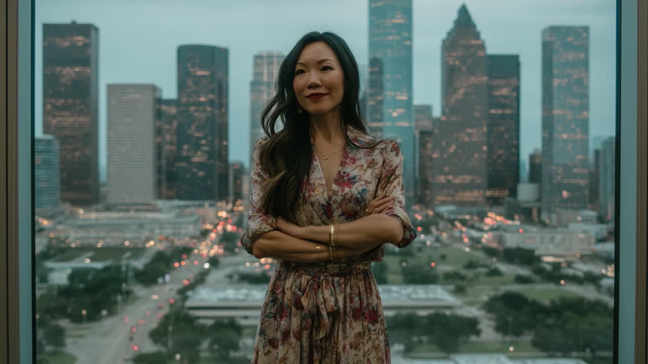 A Confident Woman Stands in Front of a City Skyline, Radiating Strength and Poise Against a Dramatic Evening Backdrop of Urban Architecture and Soft Lighting