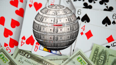 animation of globe of dollars rotating over playing cards and dollar bills