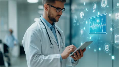 medical professional using tablet with holographic futuristic interface, analyzing patient data and medical records in modern hospital, innovative technology in healthcare