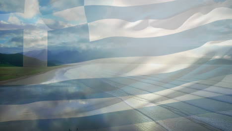 animation of greek flag waving over sunny seaside