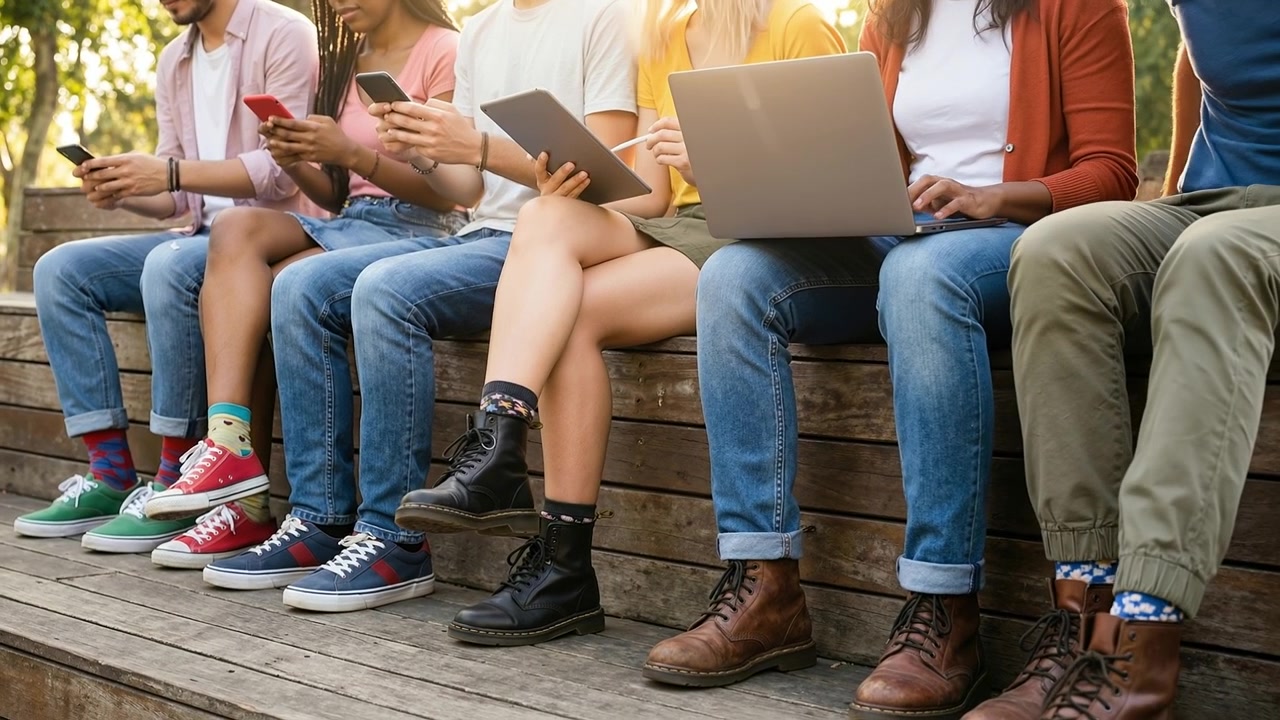 Gruppo di giovani adulti seduti insieme su una panchina di legno che usano smartphone e un computer portatile all'aperto.