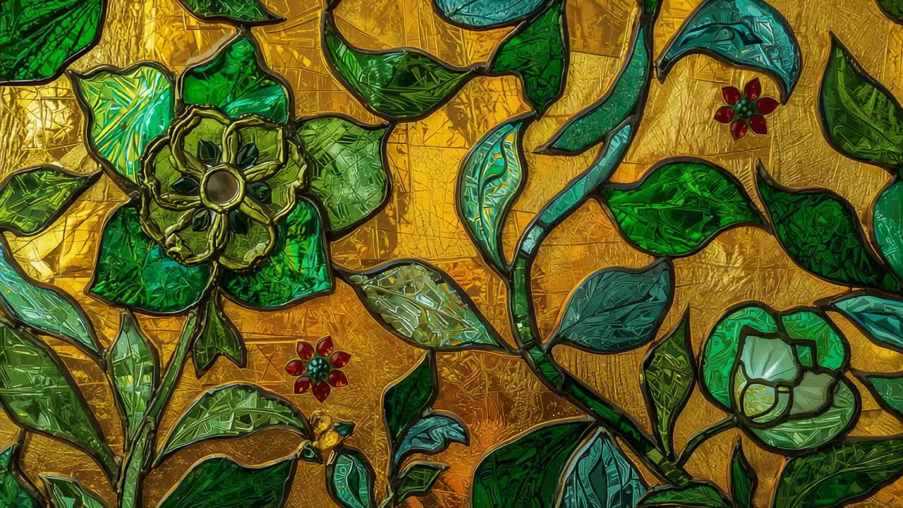 Recording stained glass panel mounted indoors, displaying green leaf motif with red blossom accents