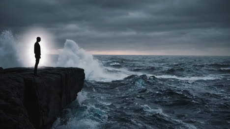 man standing on cliff during stormy sea