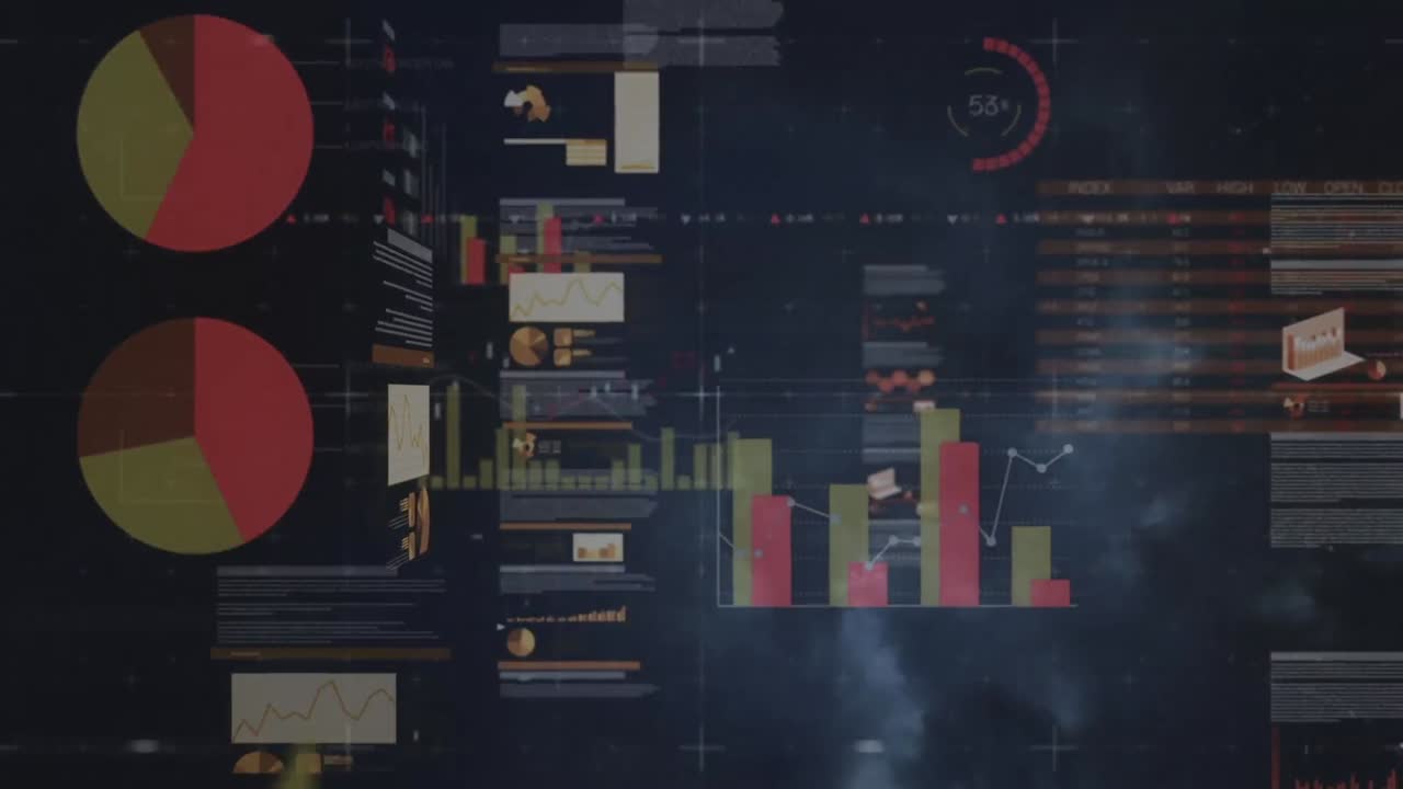 Composite video of screens with statistical data processing against thunder storms in the sky