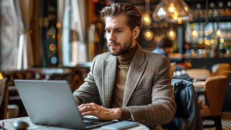 man working on laptop in a modern cafe setting