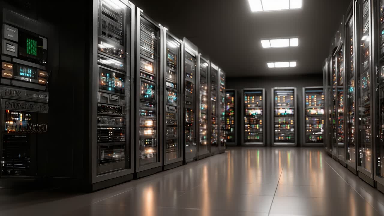 A Modern Data Center Interior Showcasing High-Tech Server Racks with Illuminated Control Panels, Reflecting a Dynamic Technological Environment in a Sleek Design