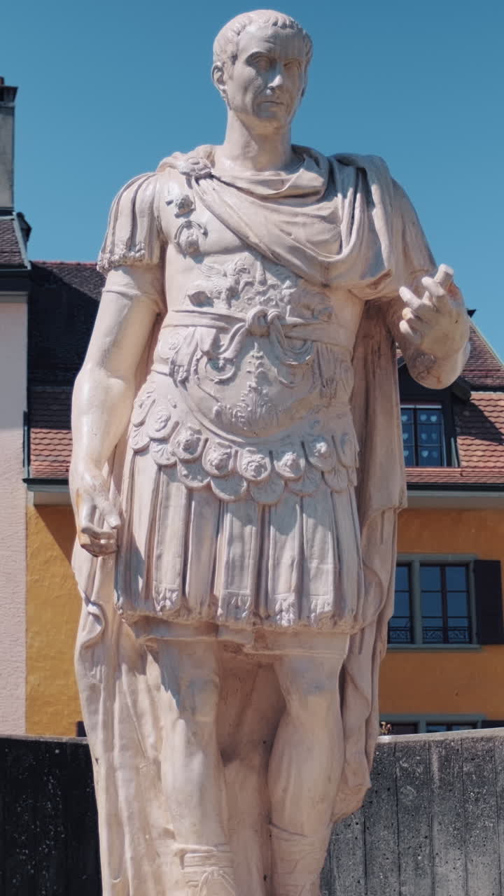 Vertical: Julius Caesar statue outside Roman museum during the day in Nyon, canton of Vaud, Switzerland, medium shot