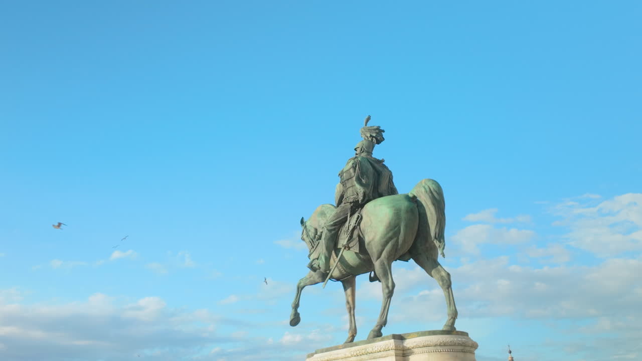 Equestrian statue under clear blue sky in Rome, historical monument in bright daylight.