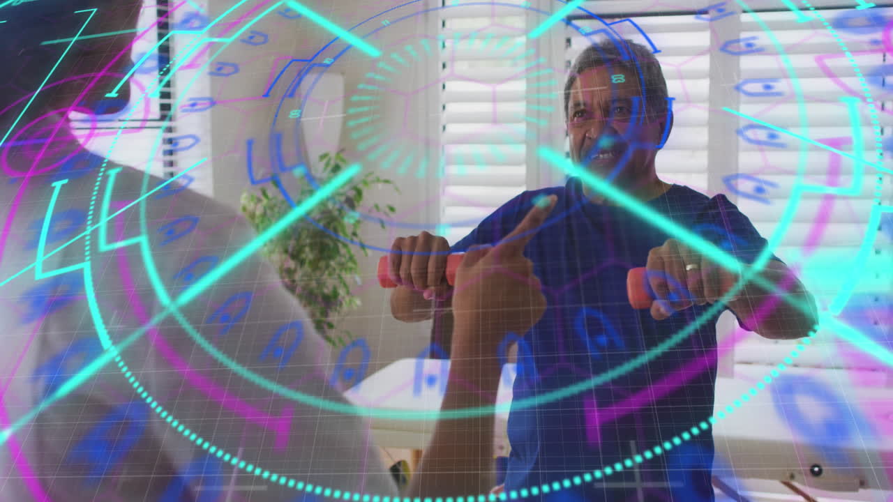 animación de escaneo de alcance sobre diversos médicos y pacientes haciendo ejercicio