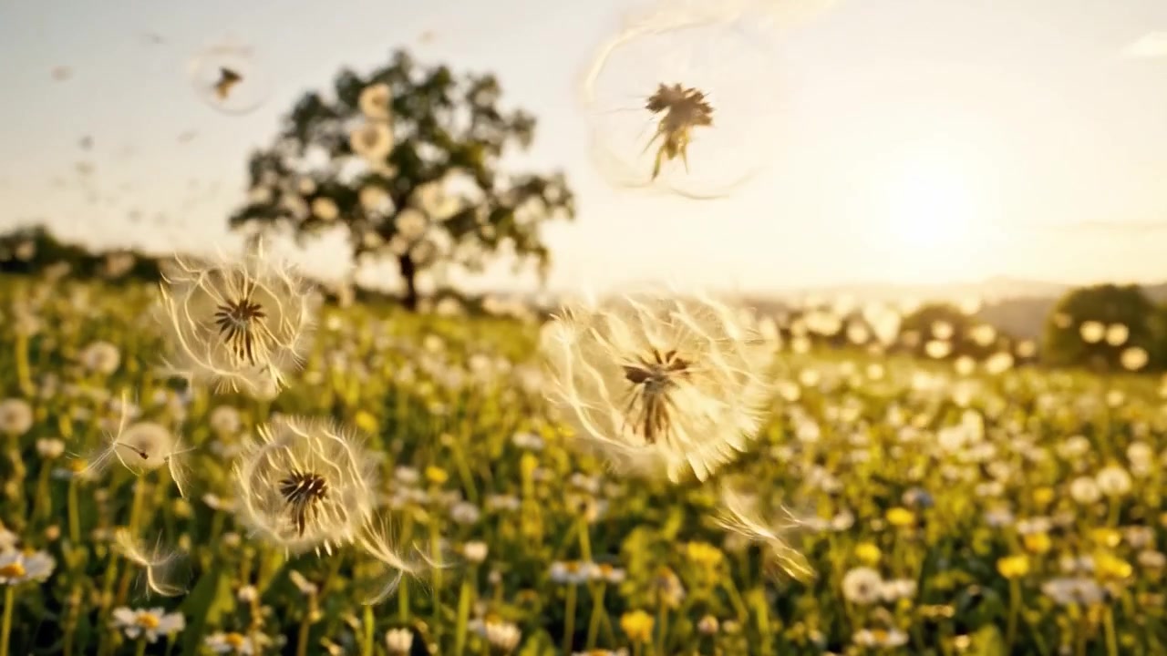 Pemandangan Tenang Menampilkan Padang Rumput Dandelion dan Bunga Liar yang Subur di Bawah Matahari Terbenam Keemasan, Dilengkapi dengan Pohon Megah di Latar Belakang