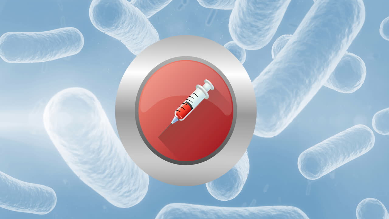 박테리아 세포 위에 백신 아이콘의 애니메이션