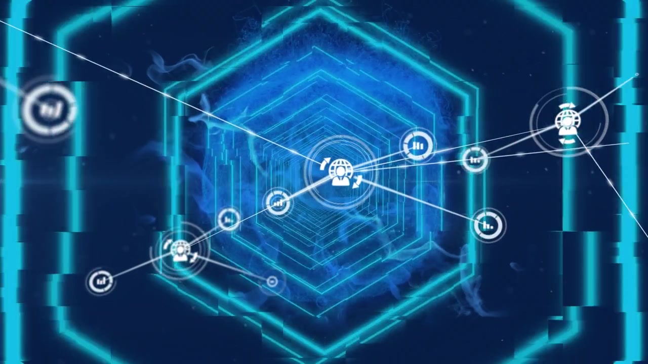 Animation of network of connections with icons over neon hexagons