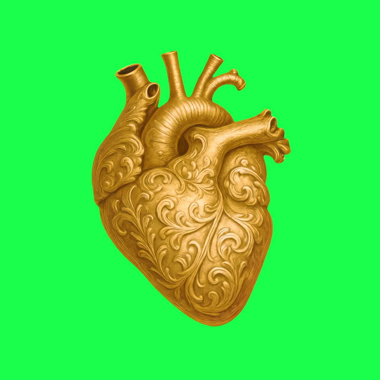 Ornate golden heart sculpture animation, transparent 4K video, green screen