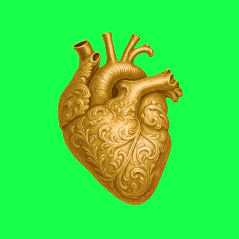 ornate golden heart sculpture animation, transparent 4k video, green screen