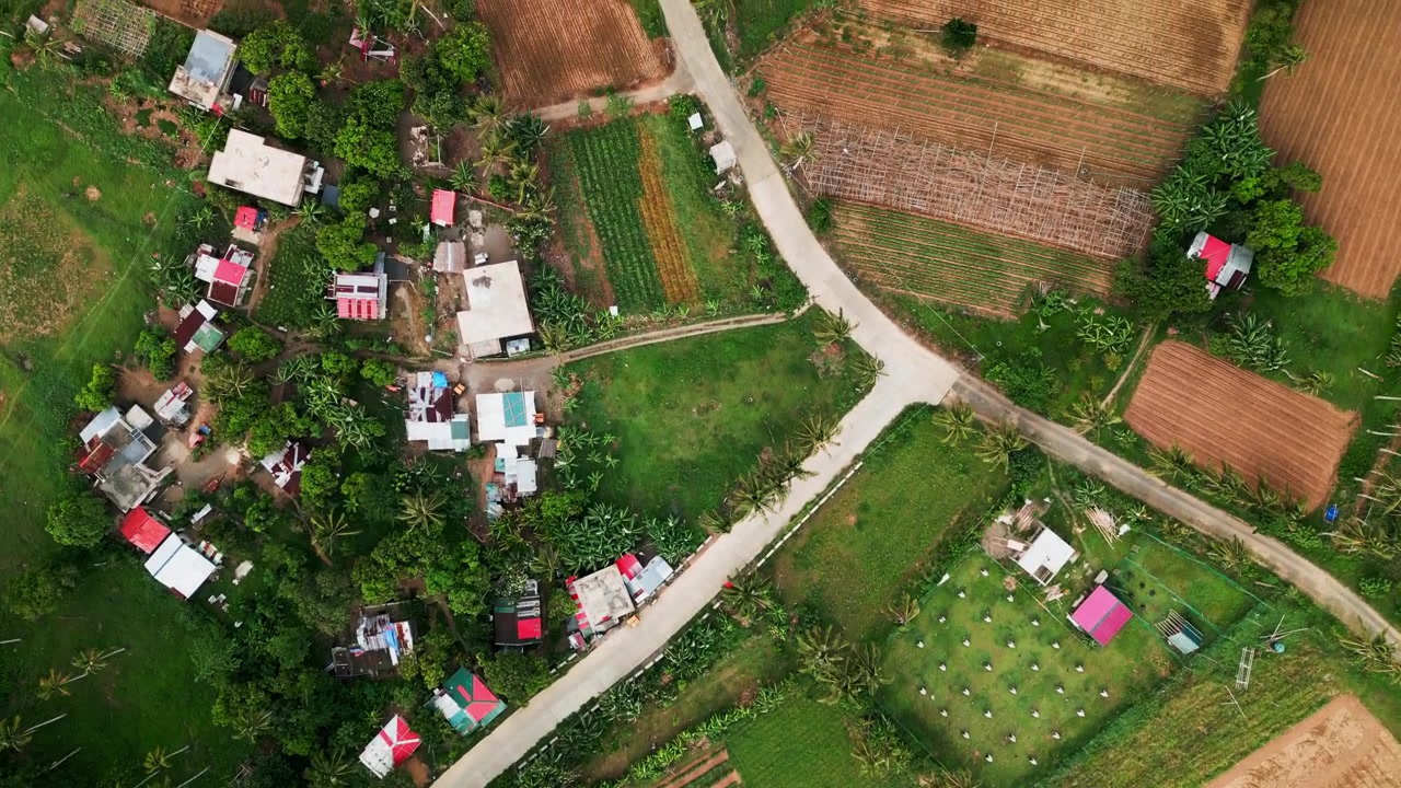 Pemandangan udara dari atas sebuah barangay pedesaan di Catanduanes, Bicol, dengan rumah-rumah desa, jalan bercabang, lahan pertanian yang dibudidayakan, dan tanaman hijau subur
