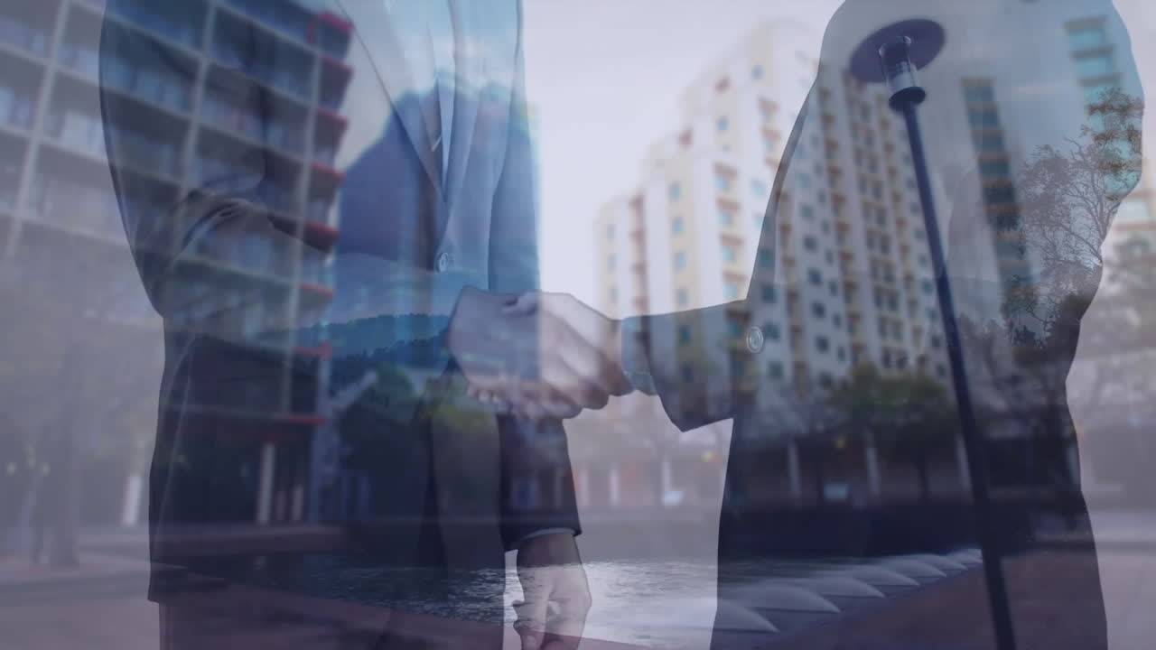Business handshake animation over modern urban cityscape with tall buildings