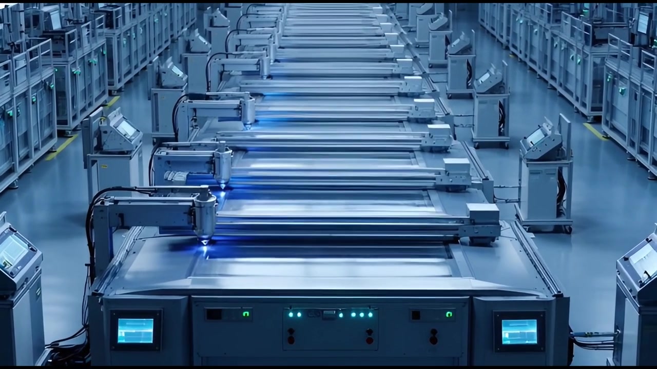 Automated Industrial Machines with Blue Lasers on a Factory Floor