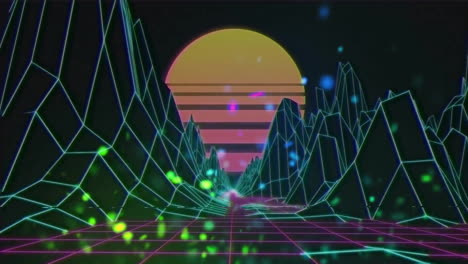 animation of pink and yellow sun over grid landscape and glowing lights on black background