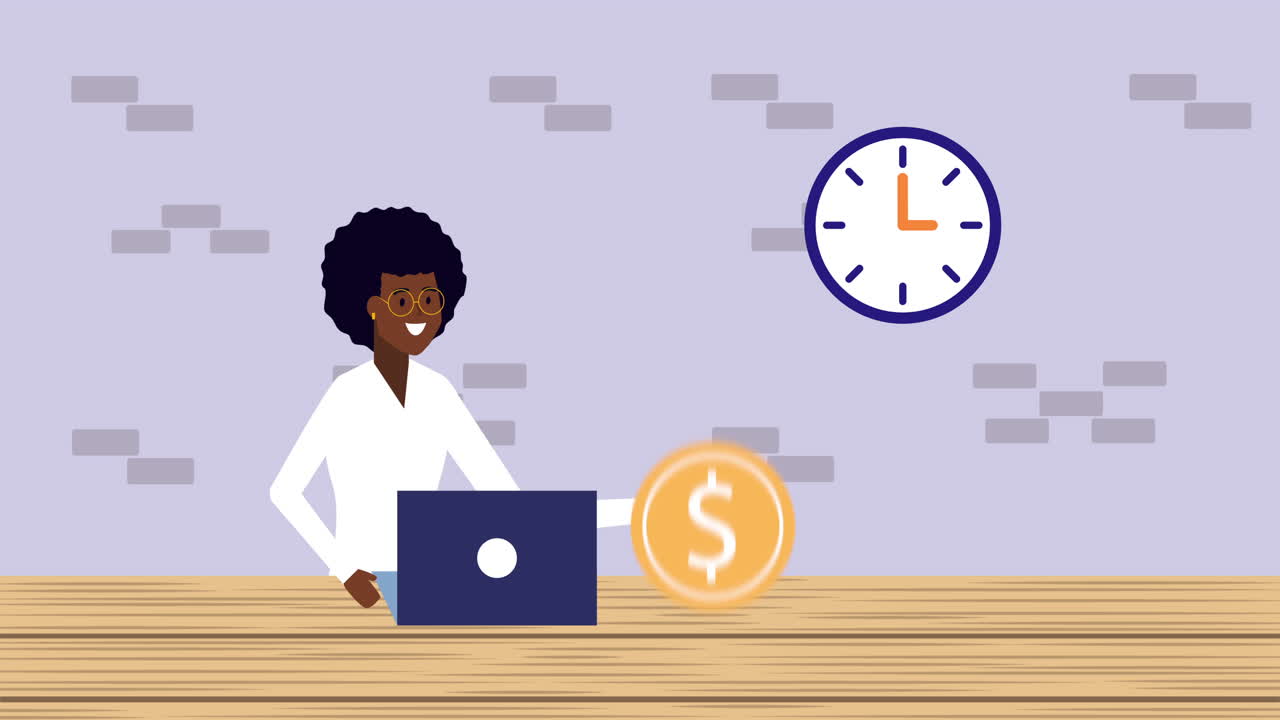 afro businesswoman using laptop with money animation