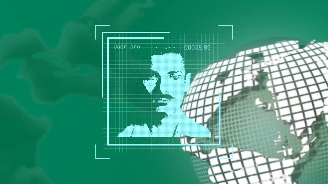 Animazione di interfaccia digitale e globo su sfondo verde