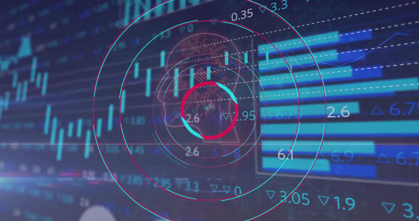 Grid loading, squares orbiting head, morphing into rings overlaying bar charts, displaying data