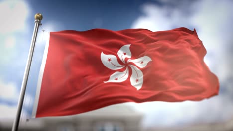hong kong flag waving slow motion 3d rendering blue sky background - seamless loop 4k