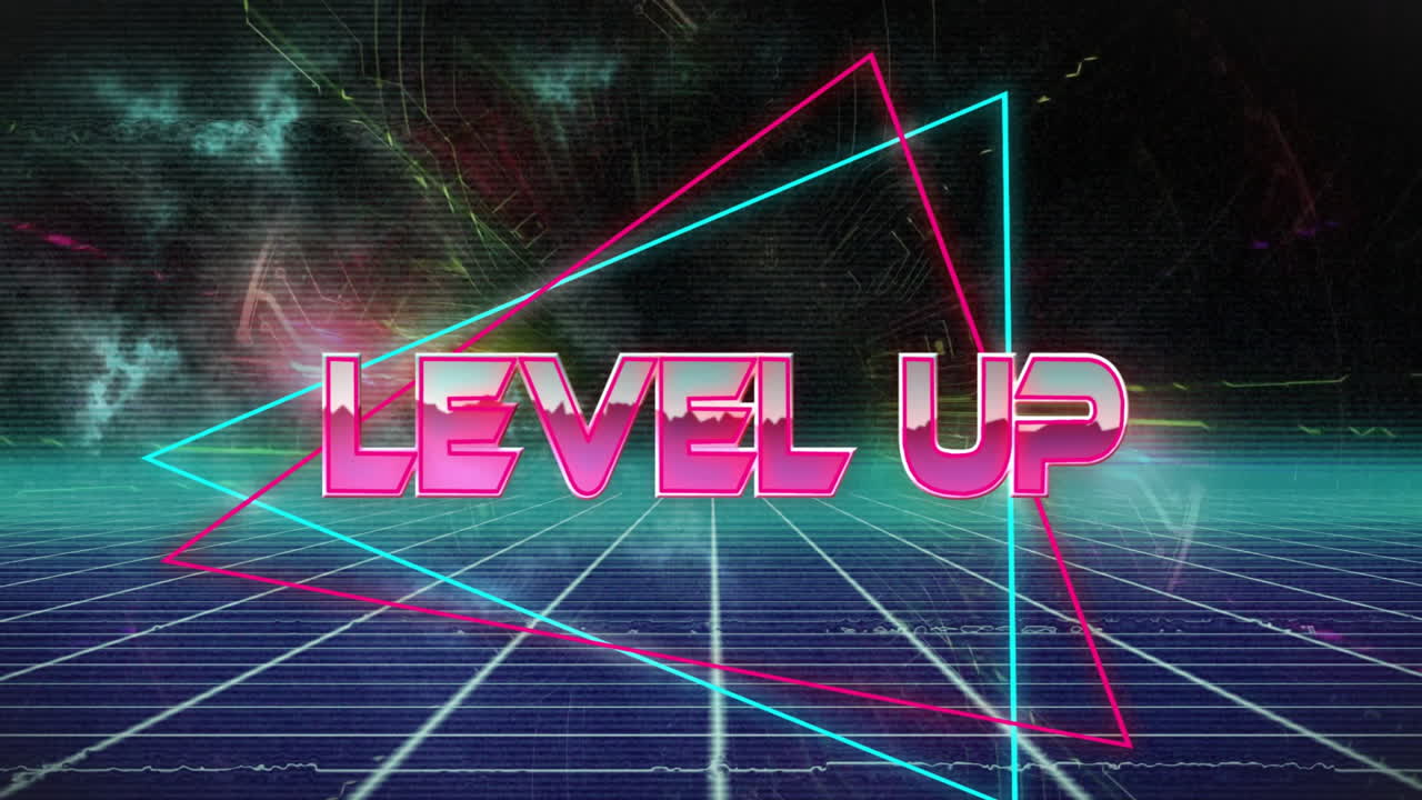 네온 패턴 배경 위의 레벨 업 텍스트의 애니메이션