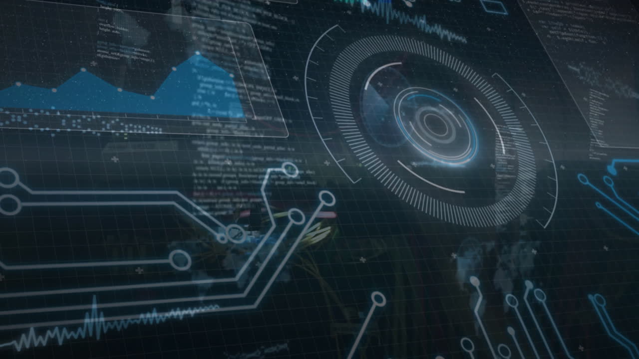 Animation of scope scanning with data processing on black background