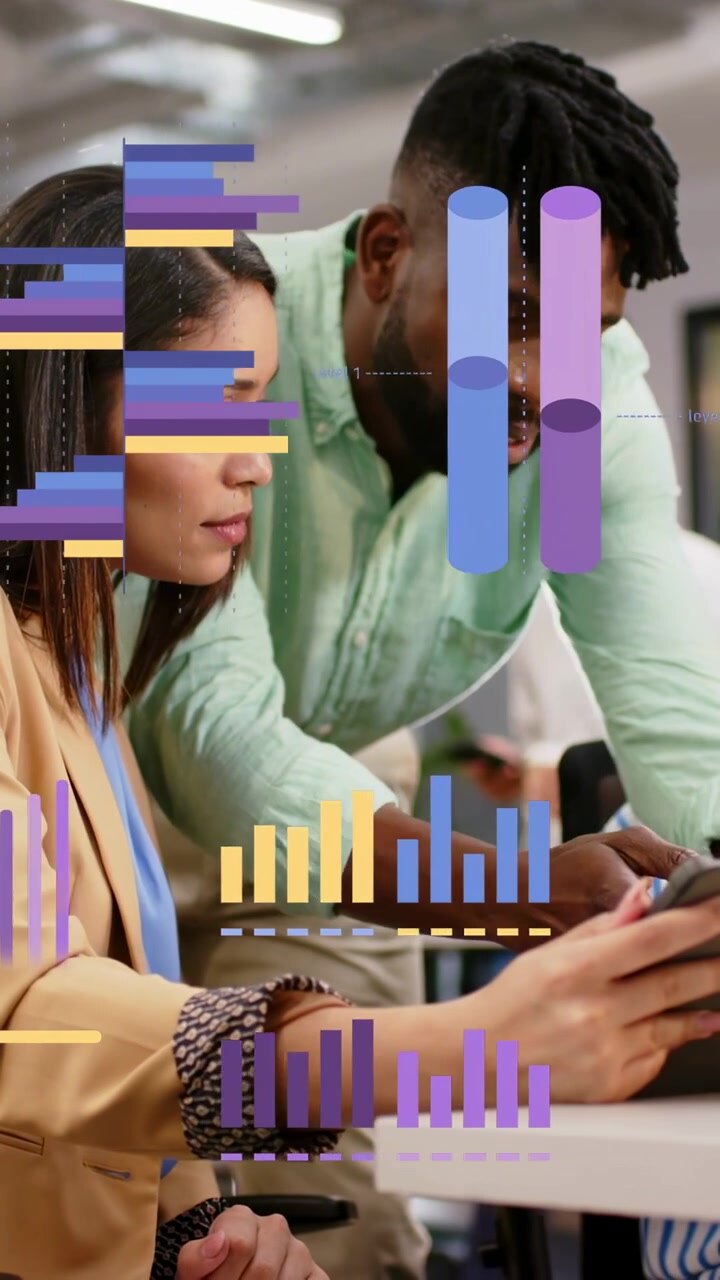 Vertical video: Woman presenting tablet while man tapping, creating analytics rings and bars