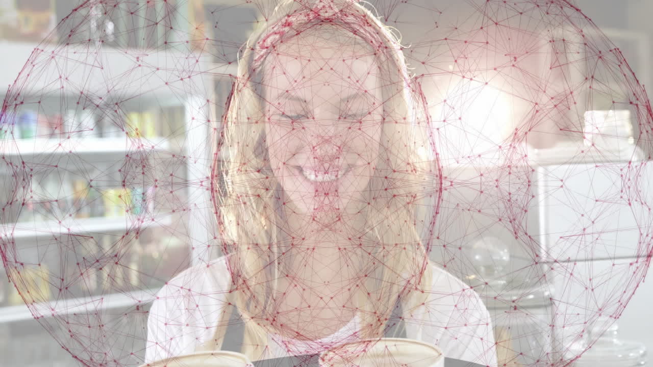 Woman using food technology in kitchen, with animated recipe overlay on jars and coffee maker