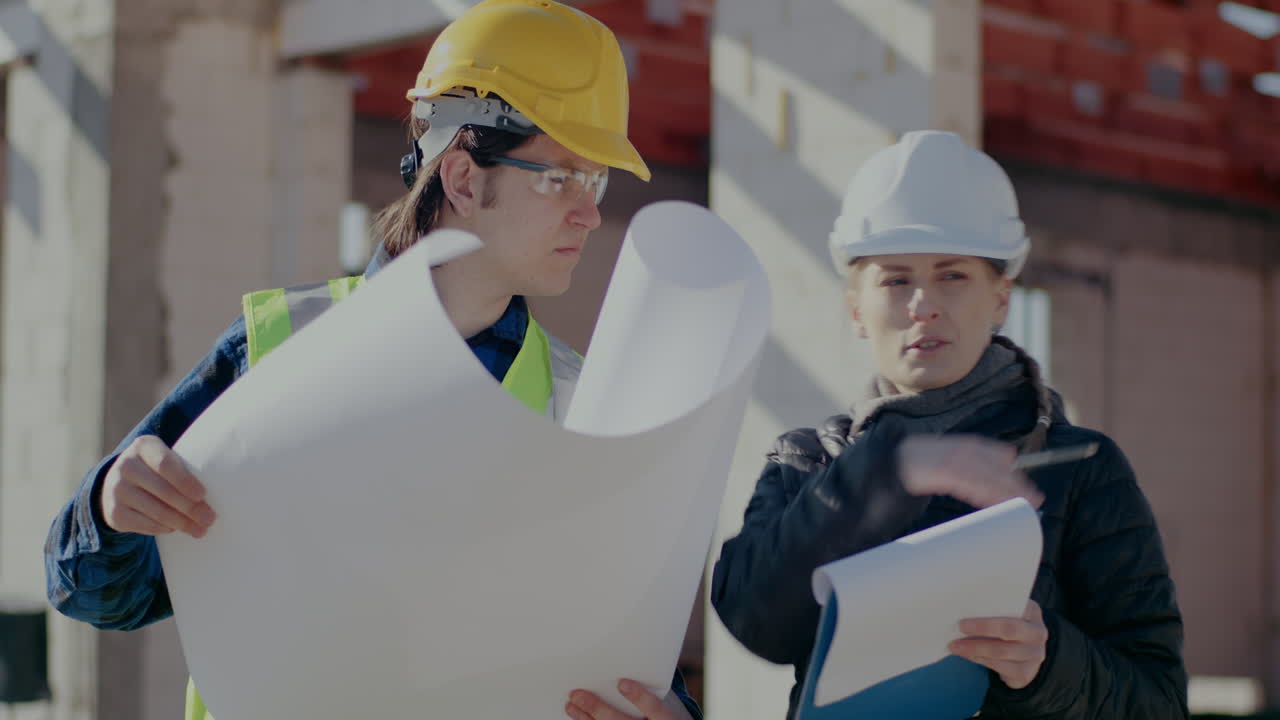 Construction Workers Reviewing Blueprints on Site