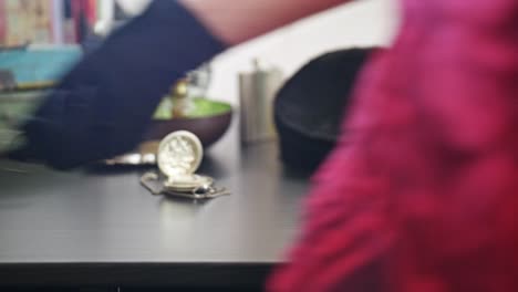 Girl-with-black-gloves-picks-up-Keys-and-passing-by