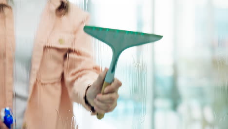 hands, spray bottle and a person cleaning a window