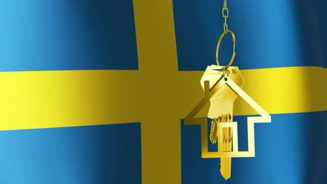 Animation-of-golden-house-key-over-waving-flag-of-sweden